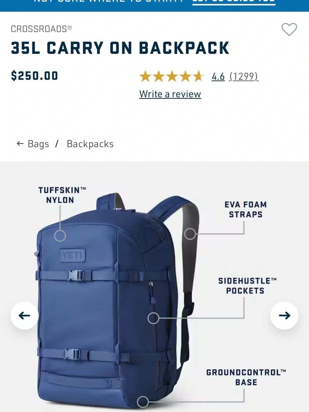 YETI Crossroads 35L Backpack in Blue NWOT